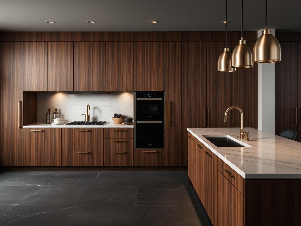 Walnut kitchen with brass hardware and marble island