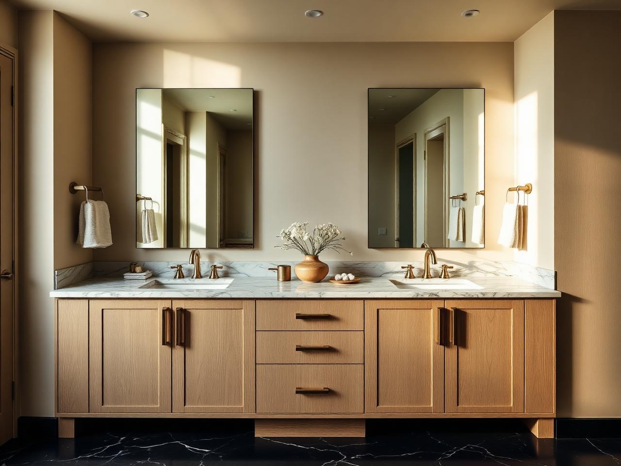 White oak double vanity with honed marble top