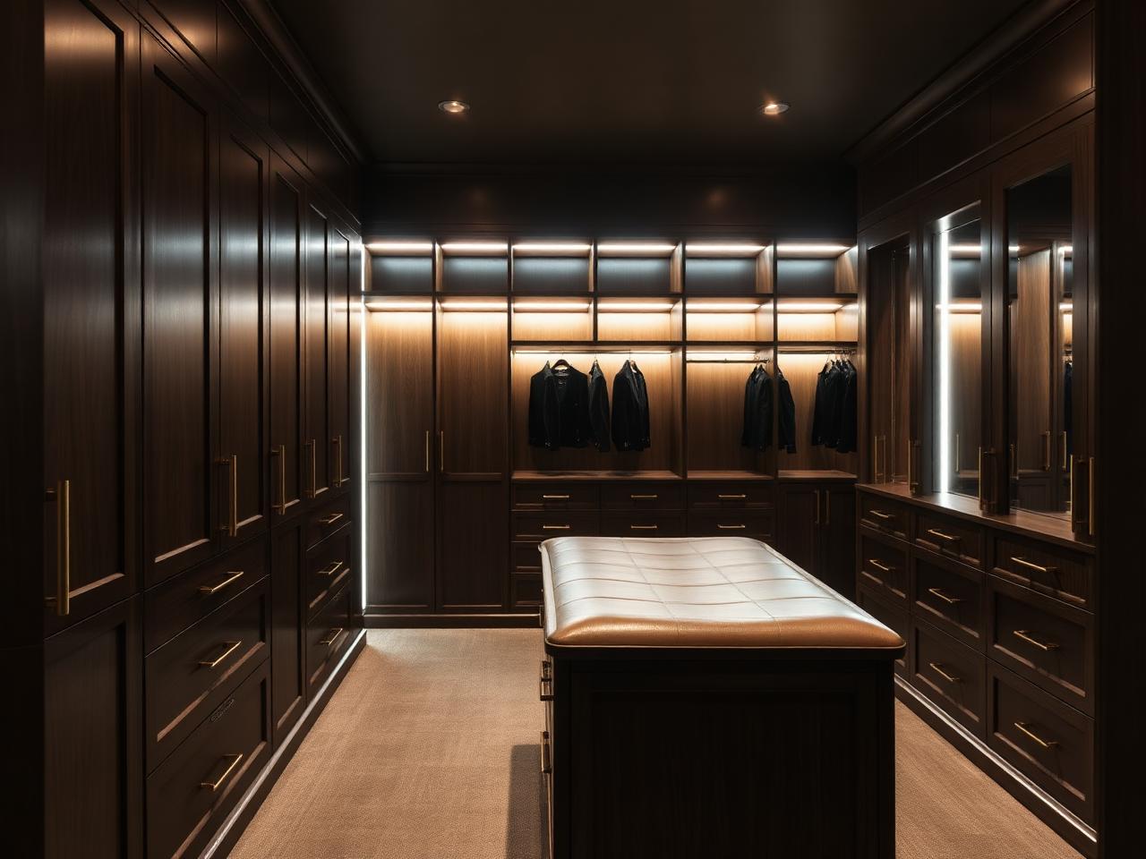 Dark stained walk-in closet with brass rods and leather island