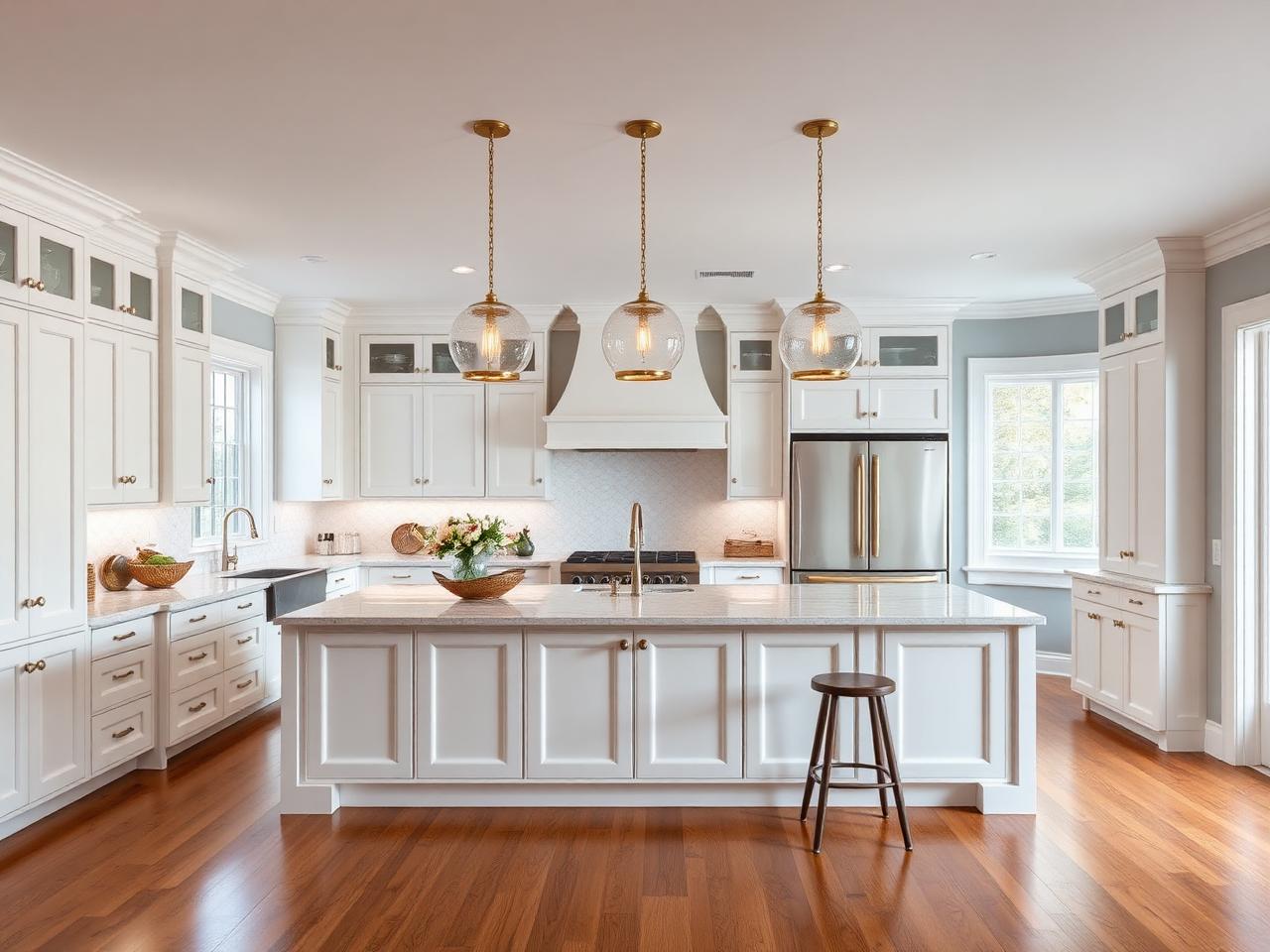 Classic white shaker kitchen with brass pendants