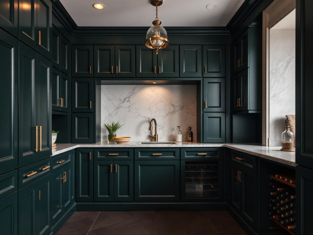 Dark green butler pantry with marble backsplash