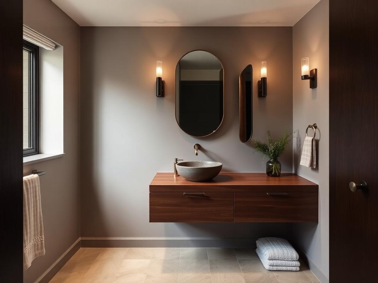 Modern powder room with floating walnut vanity
